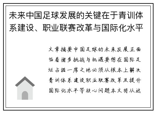 未来中国足球发展的关键在于青训体系建设、职业联赛改革与国际化水平提升